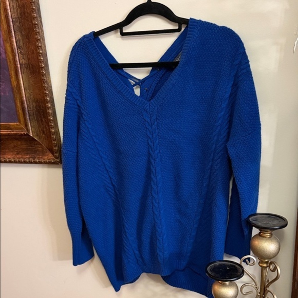 Kate & Mallory Vibrant Blue V-Neck Sweater lace up back